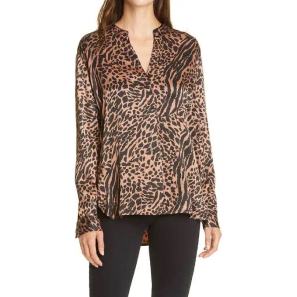 Rails Pearl Animal Print Leopard Popover Top Long Sleeve Blouse Sz Large
